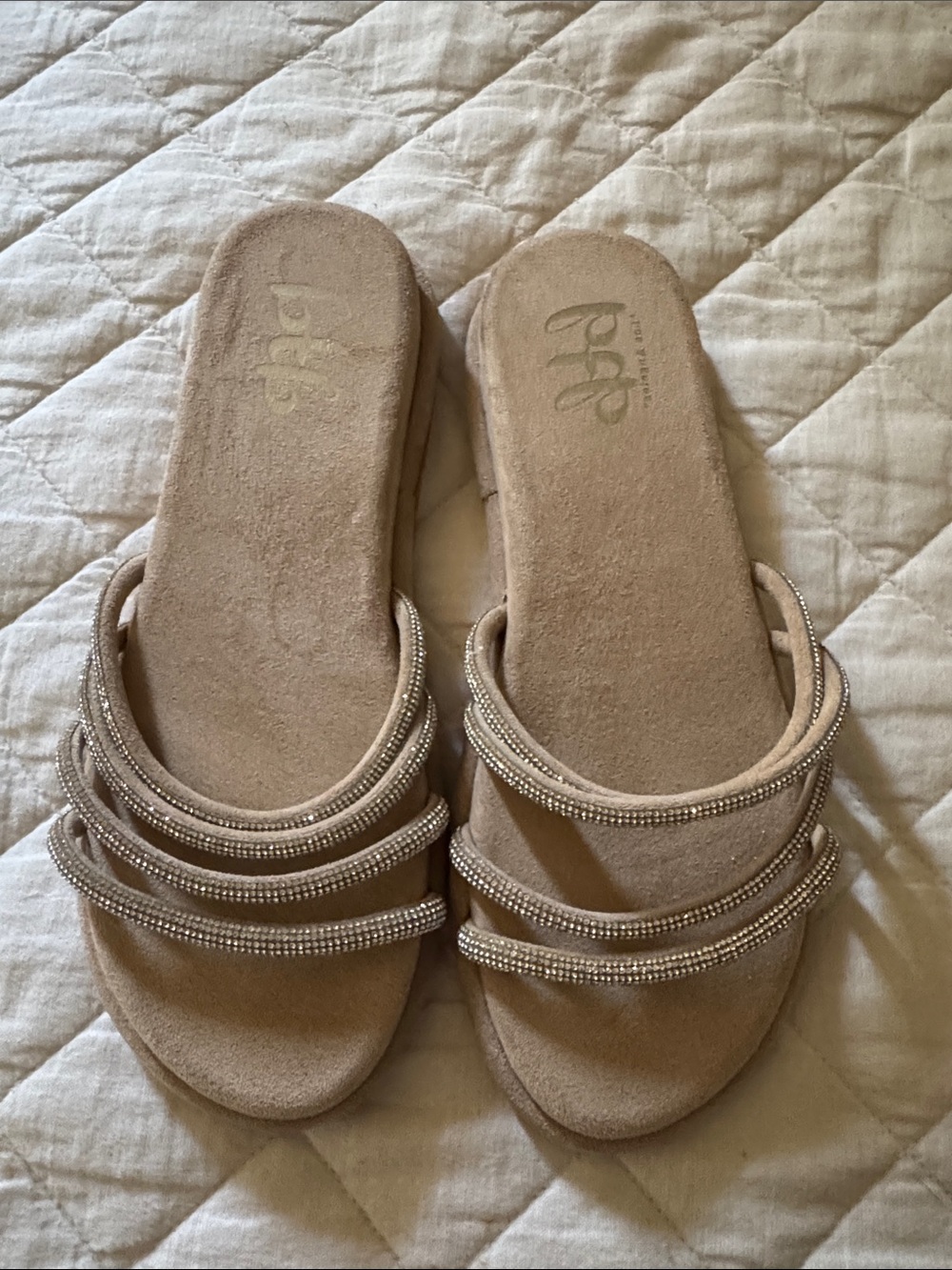 bebe Suede-Look Beige Rhinestone Triple-Strap Slide Sandals